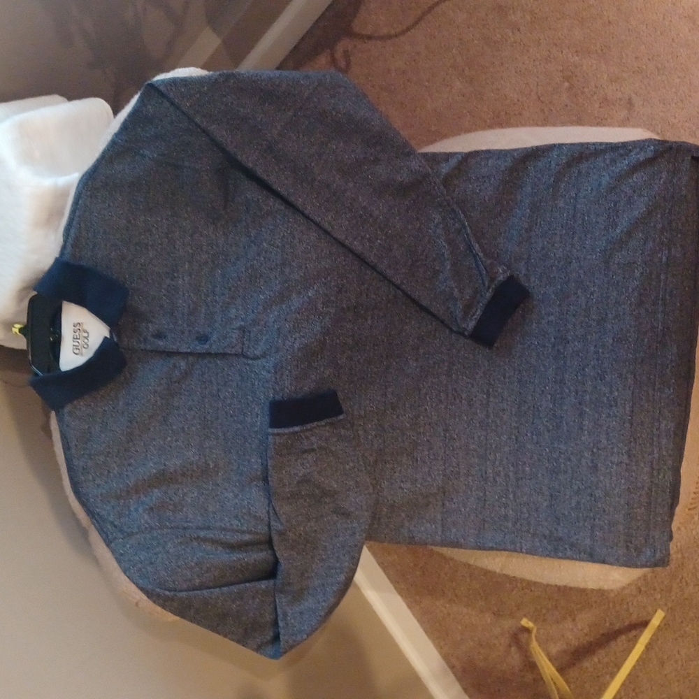 GUESS Men's L,  Long Sleeved Golf Shirt, Blu/whi Speckled 2 Button